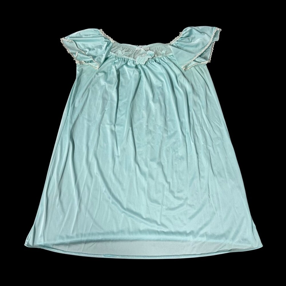 Vintage Nightgown Pajamas Aqua Nylon Lace Ruffle Sleeves Miss Elaine USA Medium - Picture 2 of 11